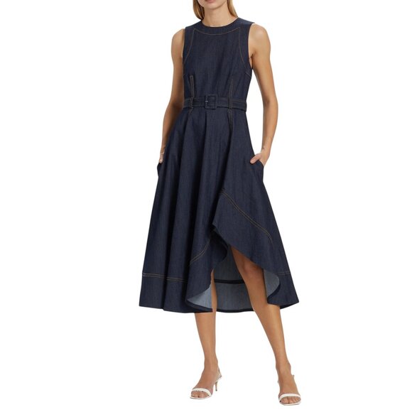 Cinq a Sept Zelda Belted Asymmetric Sleeveless Denim Midi Dress Size M NEW - Picture 10 of 12